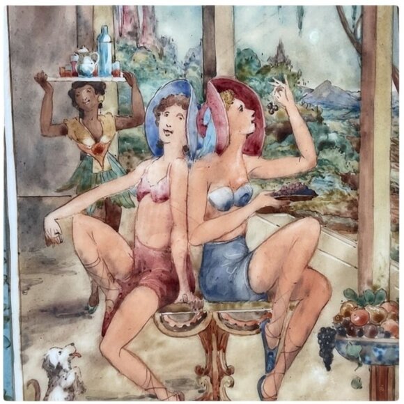 Vintage Porcelain Panel Italian Hand-Painted Framed 17” x 12” Ladies in Garden - Picture 3 of 4